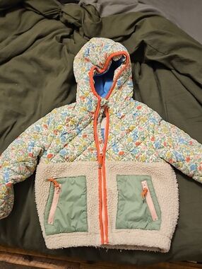 Kids Floral Quilted Hooded Jacket with Sherpa Trim - Multicolor